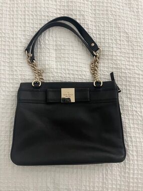 kate spade primrose hill Black Leather Shoulder Bag with Gold Chain Accents